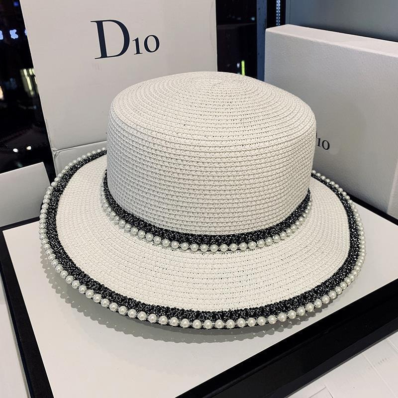 New French Style Wide Brim Straw Sun Hat with Pearl Trim